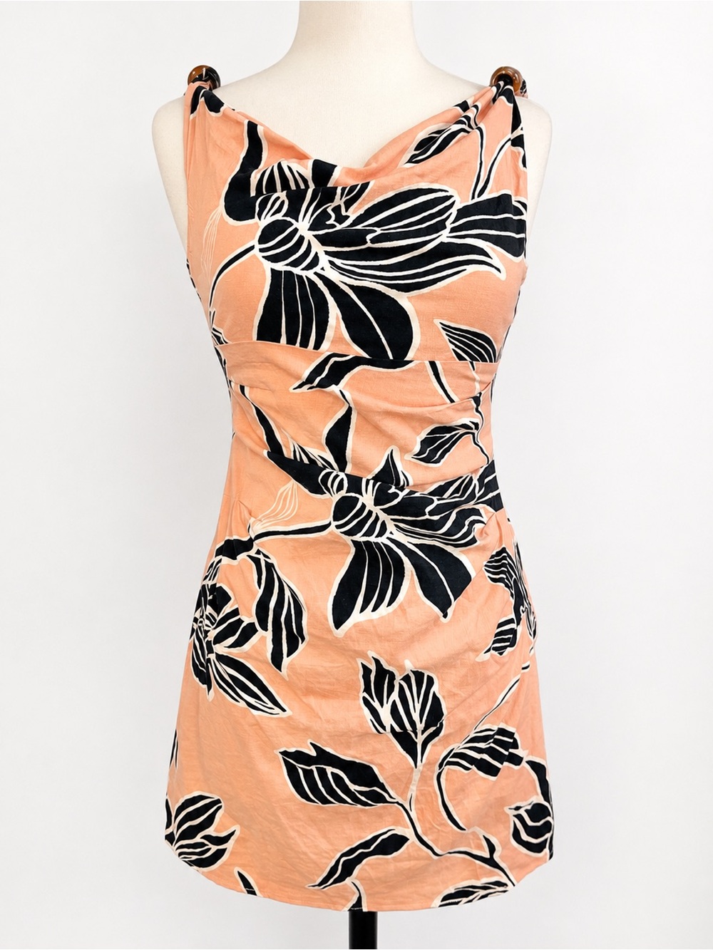 Zara Peach and Black Floral Cowl Neck Mini Dress